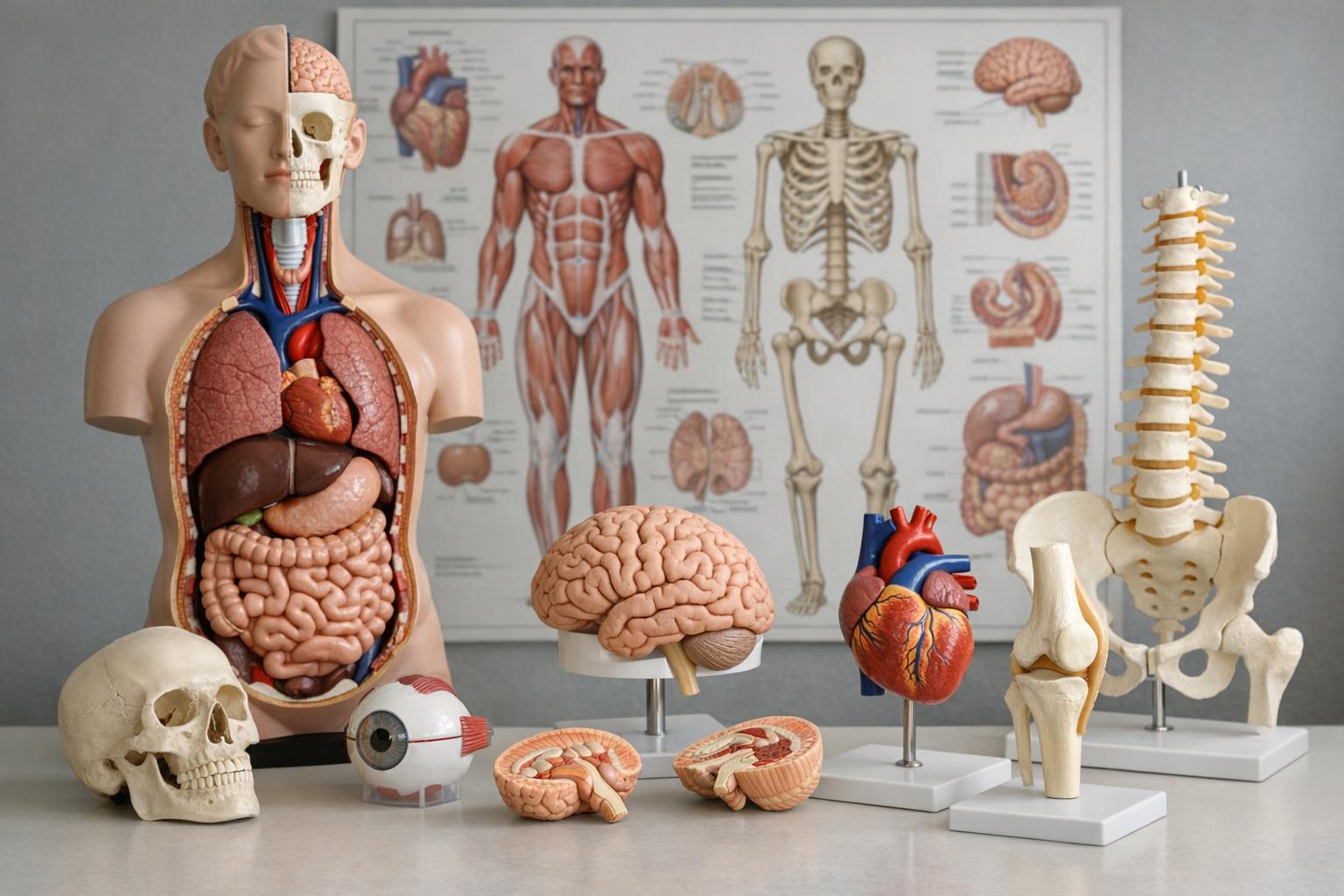Opis zdjęcia: studio pokazujące różne anatomiczne modele na stole, w tle tablica edukacyjna