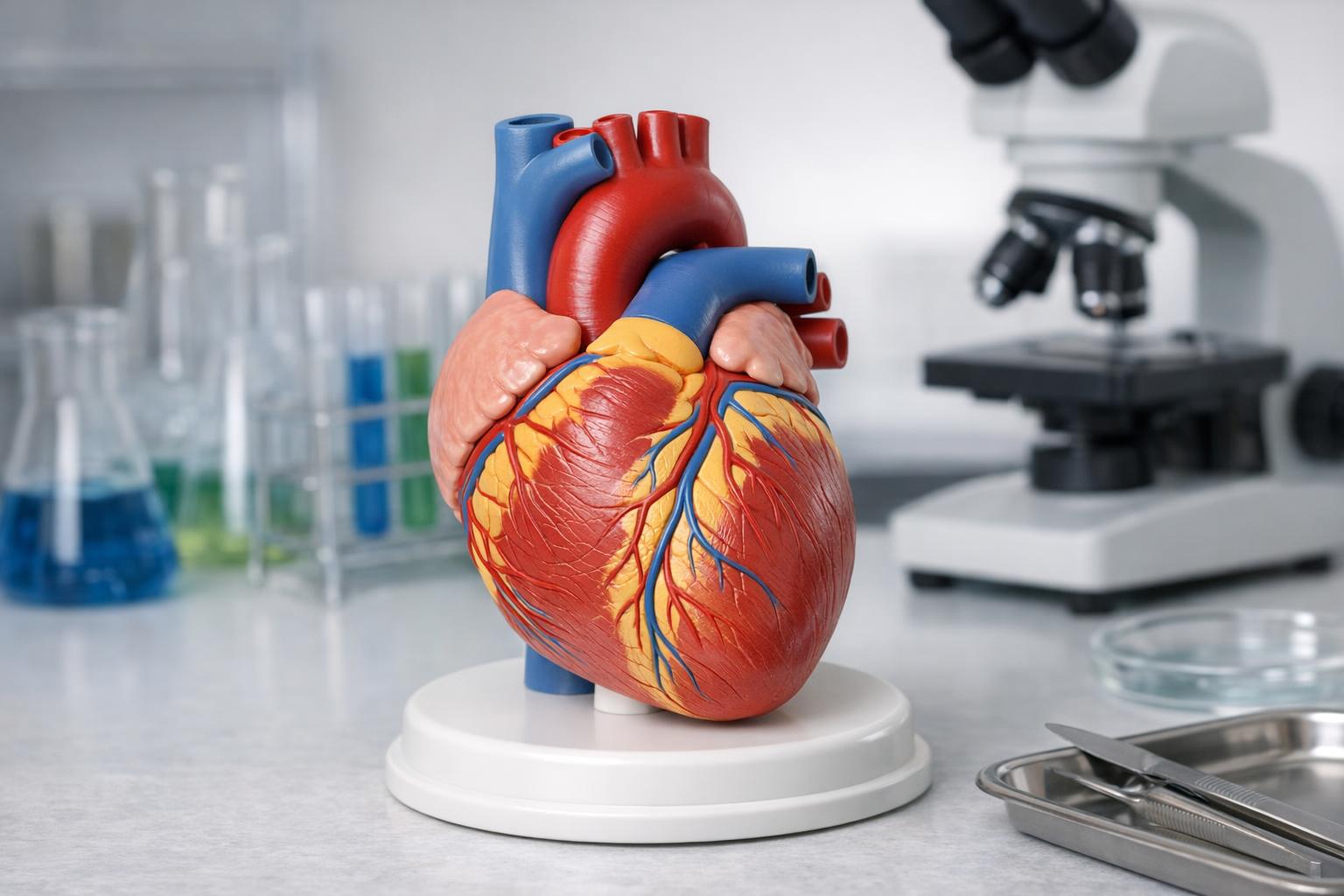 zdjęcie: model anatomiczny serca wykonany z tworzywa na stole laboratoryjnym