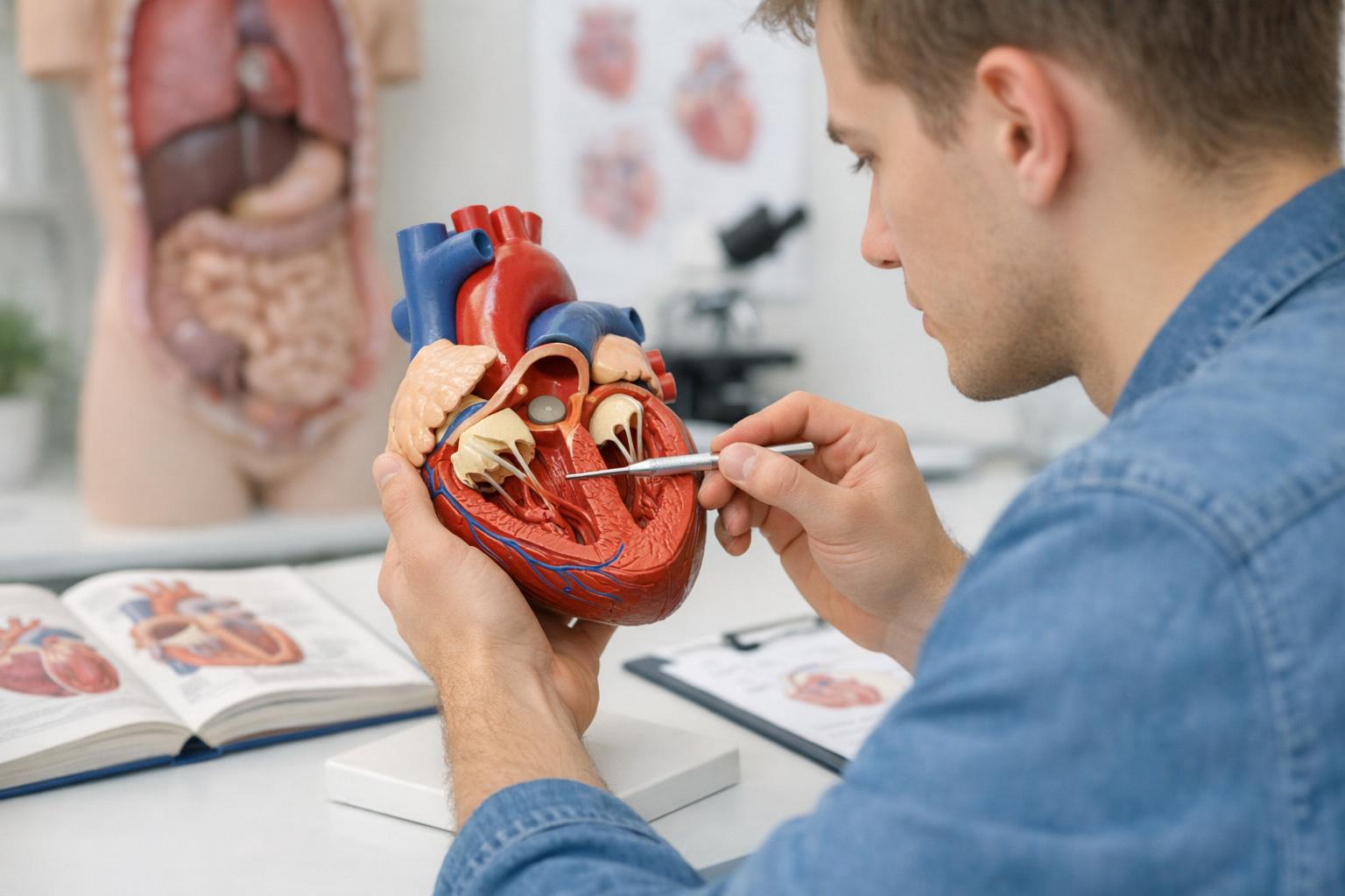 Opis zdjęcia: Student trzymający anatomiczny model serca, studiujący budowę komór i zastawek