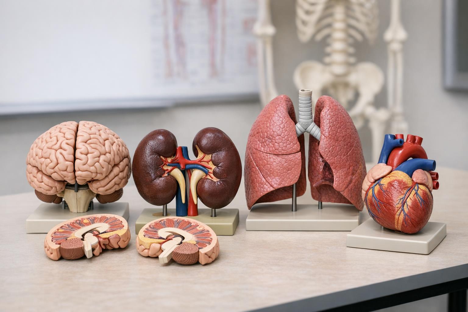 Opis zdjęcia: Kolekcja różnorodnych anatomicznych modeli: mózg, nerki, płuca i serce, ułożone na stole dydaktycznym